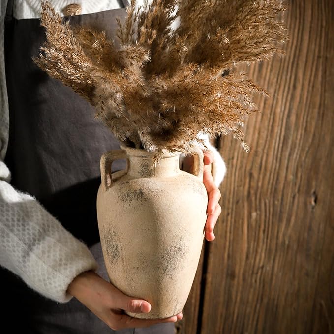 Ceramic Rustic Vase for Flower, 8.85 inch Tall Terracotta Christmas Vases with 2 Handles, Farmhouse Vase for Home Decor, Living Room Shelf Decor, Enterway, Table, Lyeec