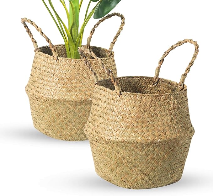 Seagrass Belly Basket, Set of 2 Woven Plant Pot Holder handmade Home Decor for Storage Plants Picnic Grocery Medium(10.63 x 9.44 inch)