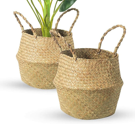 Seagrass Belly Basket, Set of 2 Woven Plant Pot Holder Handmade Home Decor for Storage Plants Picnic Grocery Large(12.6 x 11.02 inch)