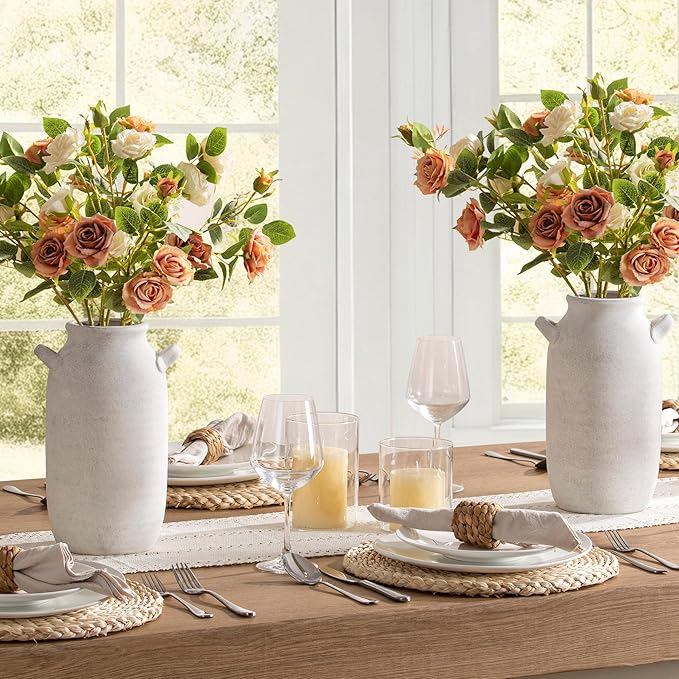 Large Flower Vase Home Decor - 12 inch Tall Ceramic Farmhouse Rustic Table Vases with Handle Living Room Decoration Decorative Rustic Pottery for Floor Kitchen Shelf Coffee Dining Desk Fireplace