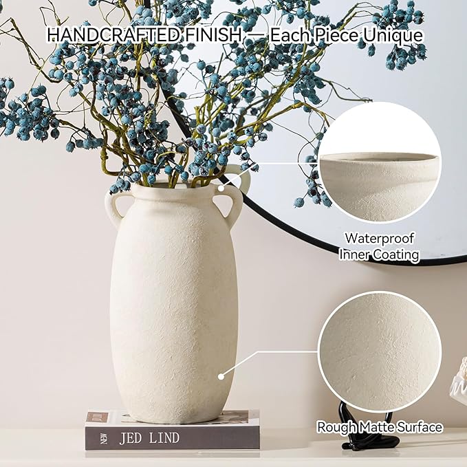 Ceramic Flower Vase 12 inch Farmhouse Rustic Vase Decorative Pottery Terracotta Tall Vases for Home Decor Table Mantle Fireplace Living Room Bathroom Wedding Centerpiece(Large-White)