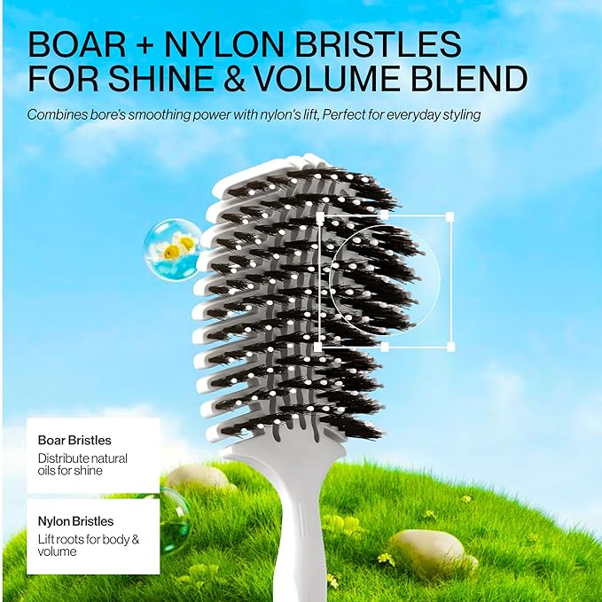 COCCO Aura Vent Boar Brush | Vented Dual-Curved Design for Faster Drying, Effortless Detangling & Shine, Boar + Nylon Bristles, Ergonomic Comfort Handle for Wet & Dry Hair Styling - White