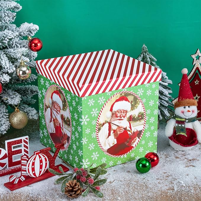 RUSPEPA Christmas Gift Box with Lid, Vintage Classic Santa Claus Painting Design, Medium Collapsible Holiday Present Box with Ribbon, Tissue Paper for Gift Wrap, Candy Storage, 9x9x9 Inches, 1 Pcs