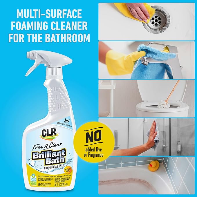 CLR Brands® Brilliant Bath Foaming Bathroom Cleaner Spray Free & Clear, No Added Dyes or Fragrances, Soap Scum and Hard Water Stain Remover, Use on Showers, Baths, Toilets and More, 26 Oz (Pack of 1)