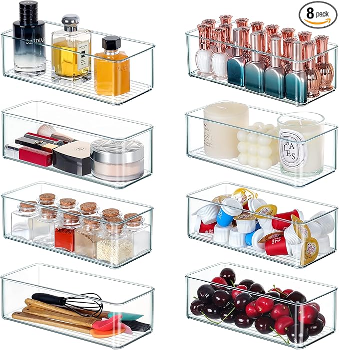 8 PACK Clear Organizer Bins Deep Drawer Organizer Bins Stackable for Cutlery Vanity Storage Bins for Bathroom Kitchen Office Desk Organizing