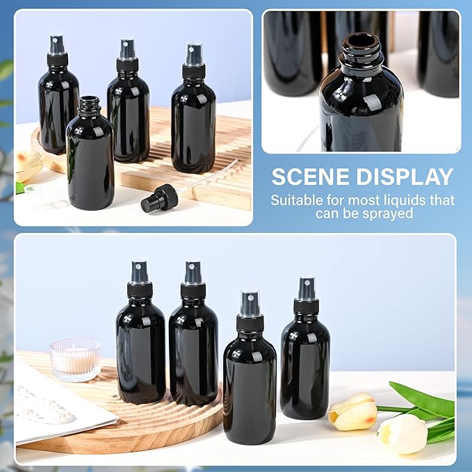 4 PCS, 4 oz Black Glass Mini Spray Bottles, Fine Mist, Refillable Containers for Cleaning Solutions and Skin Care