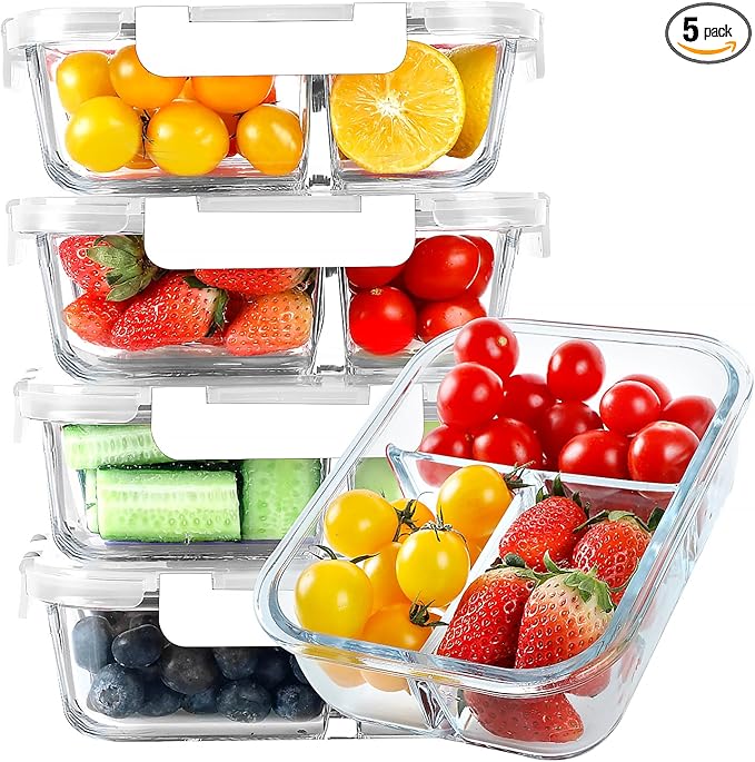 KOMUEE Glass Meal Prep Containers 3 Compartments, 5 Pack 36 oz, Glass Food Storage Containers with Lids, Airtight Lunch Bento Box, Portion Control, Freezer and Microwave Safe, White