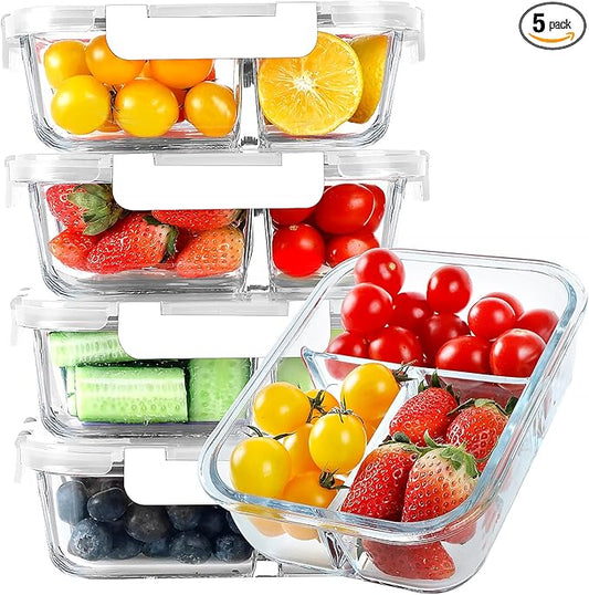 KOMUEE Glass Meal Prep Containers 3 Compartments, 5 Pack 36 oz, Glass Food Storage Containers with Lids, Airtight Lunch Bento Box, Portion Control, Freezer and Microwave Safe, White