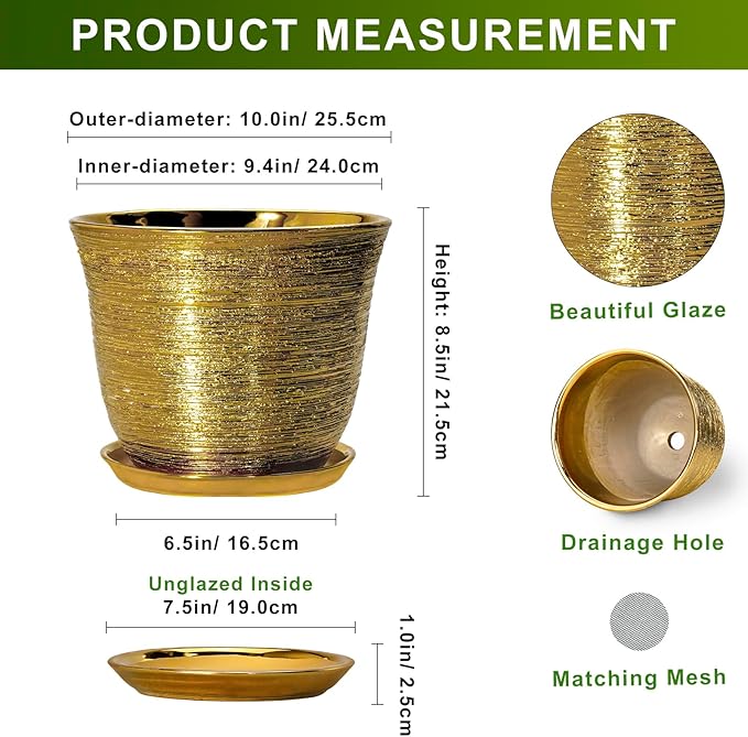 Ceramic Planter - 10 Inch Plant Pot with Drainage Hole and Saucer, Round Flower Pots for Indoor Outdoor, Large Modern Decorative Planter, Garden Room Home Decor, Gifts for Plant Lover, Gold