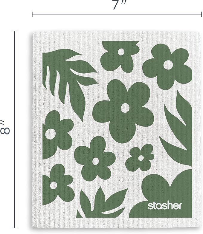 Stasher Reusable Swedish Dishcloths 3-Pack, Floral Print, 7” W x 8” L, Washable, Absorbent, 100% Biodegradable, Odor & Stain Resistant, Eco-Friendly Paper Towel Alternative for Kitchen