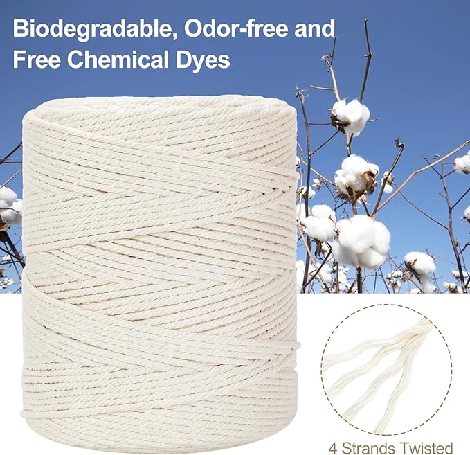 Macrame Cord 4mm x 380Yards (1140Feet), Natural Cotton Macrame Rope - 4 Strands Twisted Macrame Cotton Cord for Wall Hanging, Plant Hangers, Crafts, Gift Wrapping and Wedding Decorations, Beige