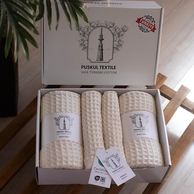 PÜSKÜL - Premium Waffle Towel Set 4 Pieces Natural Raw - Organic 100% Turkish Cotton Quick-Dry Towels for Bathroom Made in Turkiye (Natural Beige, Towel Set - 2 Hand & 2 Bath Towels)