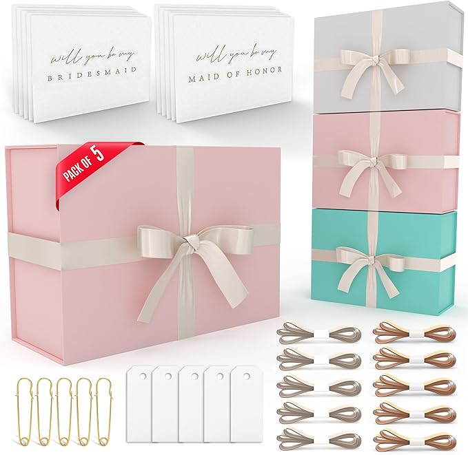 Gift Box Set - Bridesmaids Gifts for Wedding (5 Pack - Blush Pink), All Occasions, Bridesmaid Proposal, Magnetic Boxes With Lids, Big Set For Bridal, 13.5 x 9 x 4.5 inches, Pink GiftBox