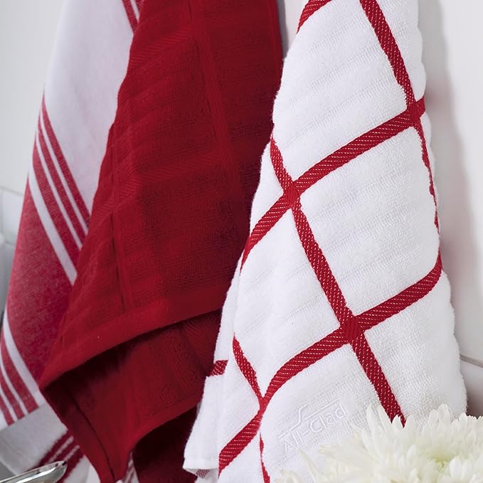 All-Clad Solid & Coordinate Kitchen Towels: Highly Absorbent, Super Soft Long Lasting 100% Cotton, 17" x 30" Tea Towels for Cleaning & Drying Dishes, Pans, Glassware, Countertops, 4-Pack, Chili