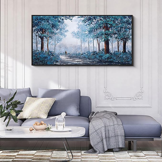 KLAKLA Black Frame Border Bedroom Art - Prussian Blue Tree Wall Art for Living Room Framed Artwork Blue Leaves Plant Forest Wall Decor Canvas Wall Art for Office Home Decor