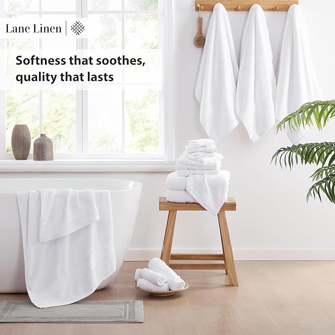 LANE LINEN Towel Set of 18 – 100% Ring-Spun Cotton, Zero Twist, 6 Large Bath Towel, 6 Hand Towels & 6 Wash Cloths, Quick Dry & Long-Lasting, Perfect for Family Bathrooms, Easy Care – White Towels
