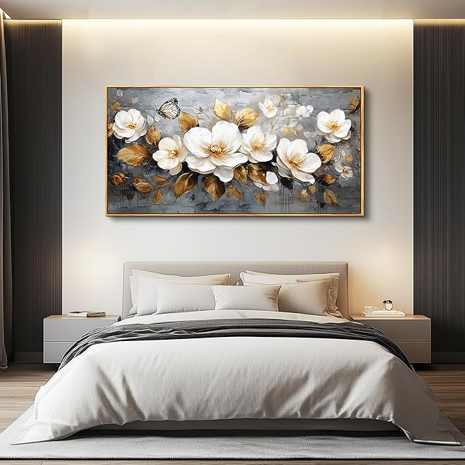 FUHAIHUA Wood Framed Canvas Wall Art For Living Room Wall Decor For Bedroom Office Wall Decoration White Flower Painting Farmhouse Pictures Artwork Room Aesthetic Home Decor 20x40 In