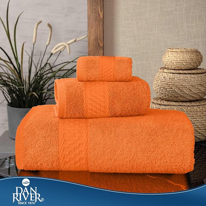 DAN RIVER 100% Ring Spun Cotton 3-Piece Towel Set, Orange, Bath Towel, Hand Towel and Washcloths, 550 GSM - Soft, Absorbent Quick Dry Cotton Towels for Bathroom, Spa, and Gym