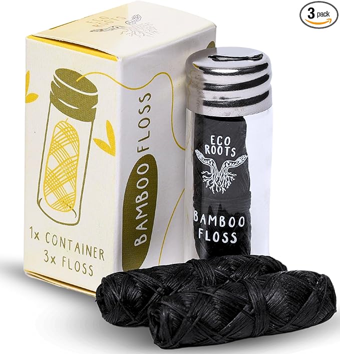 Natural Bamboo Dental Floss: 1 Refillable Glass Container + 3 Biodegradable Bamboo Floss Refill (33 Yards Each), Eco-Friendly, Vegan, Non-Toxic Natural Floss - Refillable Zero Waste Black Thick Floss