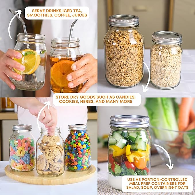 FastRack 32 oz Wide Mouth Mason Jars with Lids – Pack of 12 Quart Canning Jars for Food Storage, Pickling, Fermentation, Crafts – Reusable Airtight Large Glass Mason Jar with 1 Black Cap Gripper