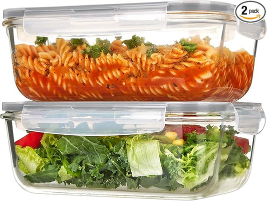 Vtopmart 2Pack 1860ml/63oz Large Glass Storage Containers with Lids, Meal Prep Food Container Set with Snap Airtight Lid for Baking, Microwave, Oven, Leak Proof, for Freezer, Dishwasher, Grey