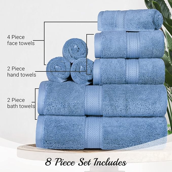 BLUENILEMILLS Madison Egyptian Cotton Towels, Towel Set for Bathroom, Shower, Hotel, Plush, 900 GSM, Highly Absorbent and Ultra-Soft Towels, Bath Essentials, 8 Piece Assorted Towel Set, Denim Blue