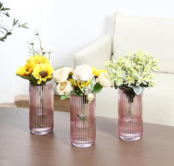 Pink Glass Vases, Flower Vases Set of 3, Ribbed Glass Vase for Tulips, Tall Cylinder Glass Vases for Living Room, Bedroom, Dining Table, Office, Wedding, Bookshelf Decoration, 8 Inches