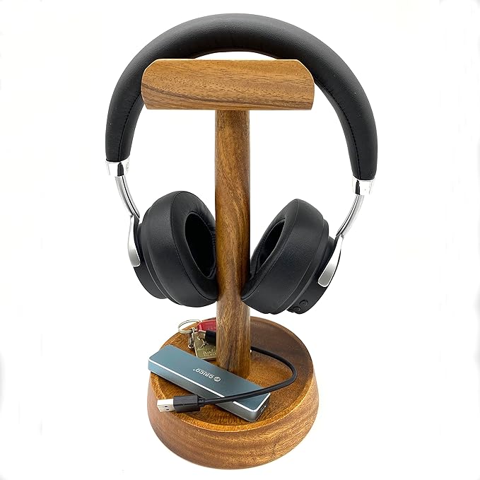 Wooden Headphone Stand with Tray – Solid Acacia Headset Holder for Desk Organization, Universal Fit for Sony, Bose, Beats, Gaming Headsets & Controllers