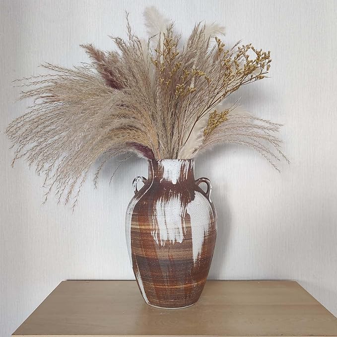 Rustic Pottery Vase - 10" Handmade Brown and White Farmhouse Vase with Handle, Unique Boho vase, Decorative Neutral Vases Home Decor, Vintage Ceramic Flower vases for Living Room, Kitchen Decor