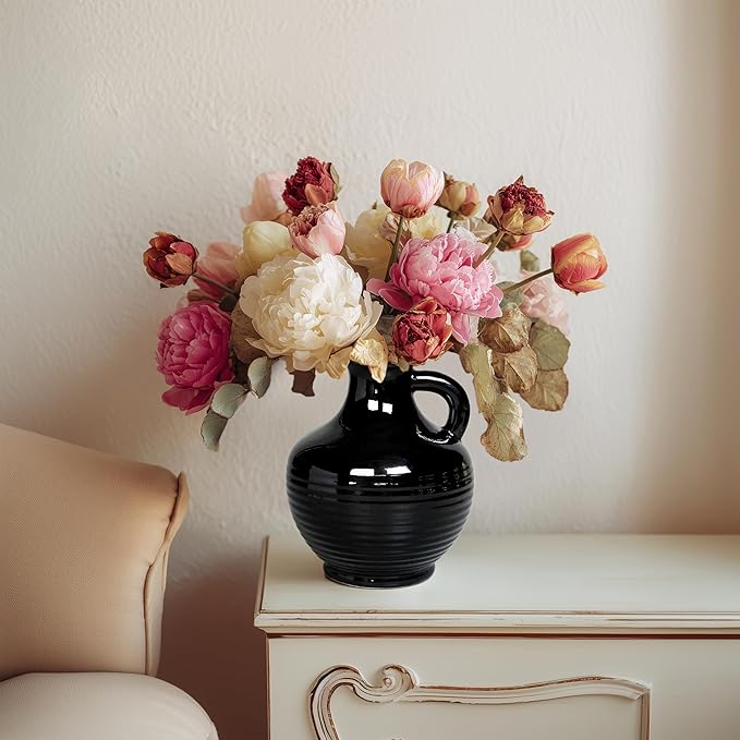 Sunddo Black Ceramic Vases Home Décor- 6 Inch Small Modern Decorative Vase with Handle, Black Decor, Table Mantle Fireplace Living Room Bathroom Wedding Centerpiece