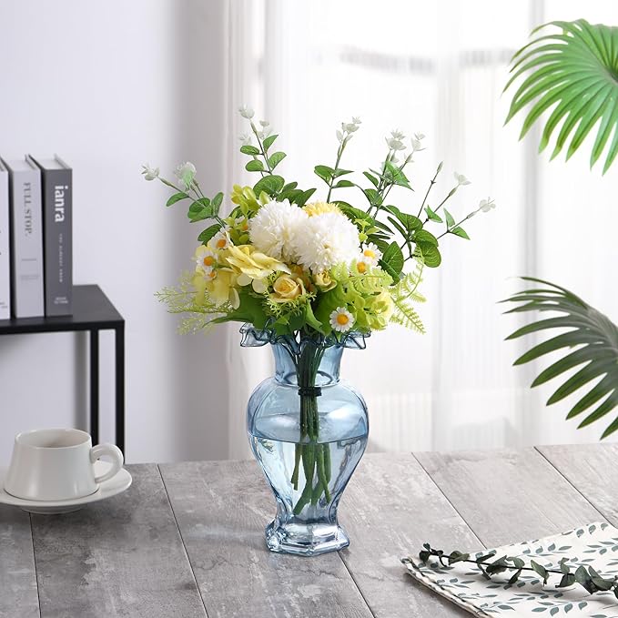 Large Glass Vase, Blue Vase for Flowers, Flower Vases for Bouquet, Glass Flower Vases for Living Room, Dining Table, Shelf, Wedding, Office, Coffee Table, 9.5 Inches