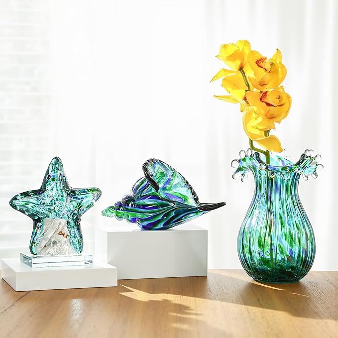 Green Glass Bubble Vase for Flowers, 8.5" Blown Glass Vase for Home Decor, Modern Art Flower Vases Decorative | Table Centerpiece, Olive Plant, Wedding, Living Room, Bookshelf, Office, Entryway