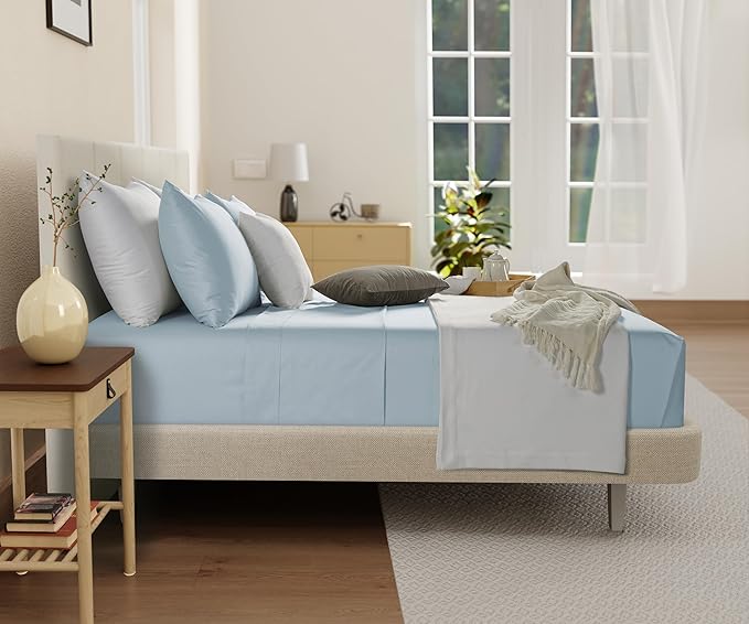 CHATEAU HOME COLLECTION Organic Cotton Sheets Queen Size Bed Set Deep Pockets, 300 TC Cotton Queen Sheet Set, Soft Breathable Elasticated Sheet & Pillowcase Sets, Machine Washable- Light Blue