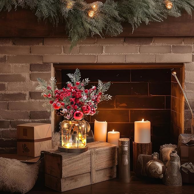 Rustic Vintage Glass Farmhouse Vase with LED Lights, Christmas Home Decor for Winter with Red Berry & Pine Cones, Farmhouse Vase for Decor, Home Decor Floral Arrangement Gift