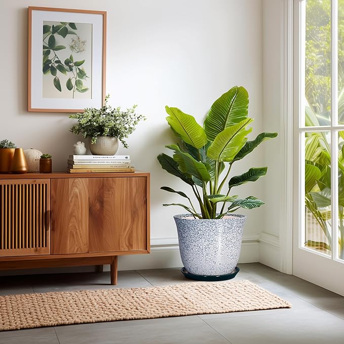 12 Inch Pot for Plants- Ceramic Planter Indoor Outdoor, Round Large Plant Pots with Drainage Hole and Saucer, Decorative Flower Pots, Modern Planter, Garden Decor, Plant Lovers Gifts, Green