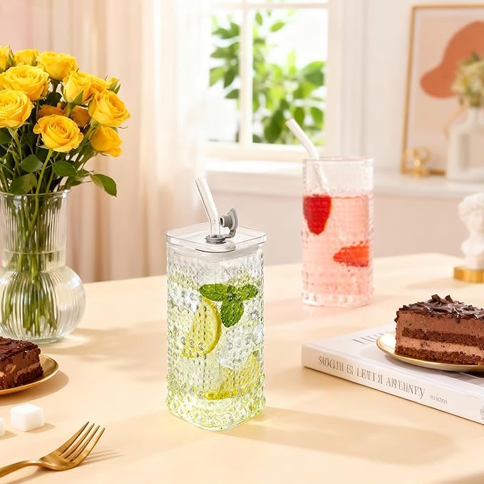Glass Cups with Lid and Straw 4 Sets, 13OZ Square Embossed Beaded Glass Tumbler with Lid and Straw for Whiskey Cocktail Beer, Iced Coffee, Hot/Cold Drinks