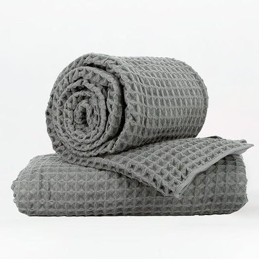 Luxury Japanese Cotton Waffle Bath Towel | Plush, Absorbent, and Quick Dry | Free Storage Bag Included (Smoke Grey, Bath Towel (Set of 2))