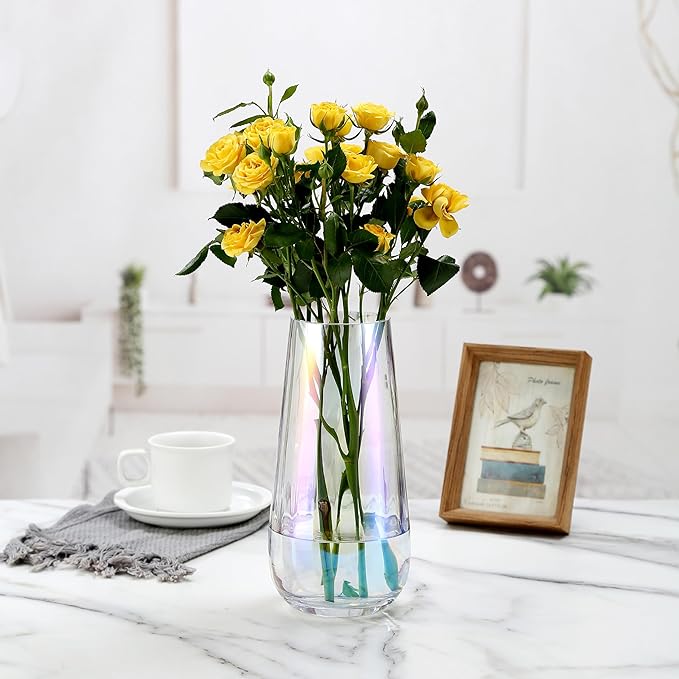 Irised Crystal Glass Vase Modern Flower vases for Bouquet,H-9.8" Tear Drop Design for Home Floor Decor,Farmhouse Decor, Centerpiece Office Table Decorations(Irised)