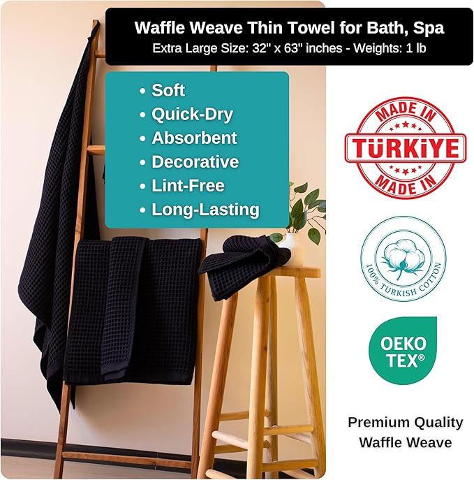 PÜSKÜL Premium Waffle Bath Towels Set of 2 - Organic 100% Turkish Cotton Bath Towel - Quick Dry, Absorbent, Light, Thin, 32x63 Large Waffle Towels for Bathroom (Black Bath Towels - Pack of 2)