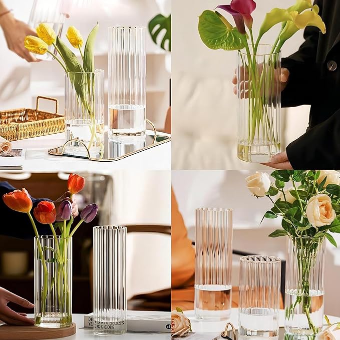 10 inch Clear Glass Flower Vases,Ribbed Vase for Centerpiece Table Home Indoor Desk Decor, Modern Boho Style Vase for Wedding House Gift