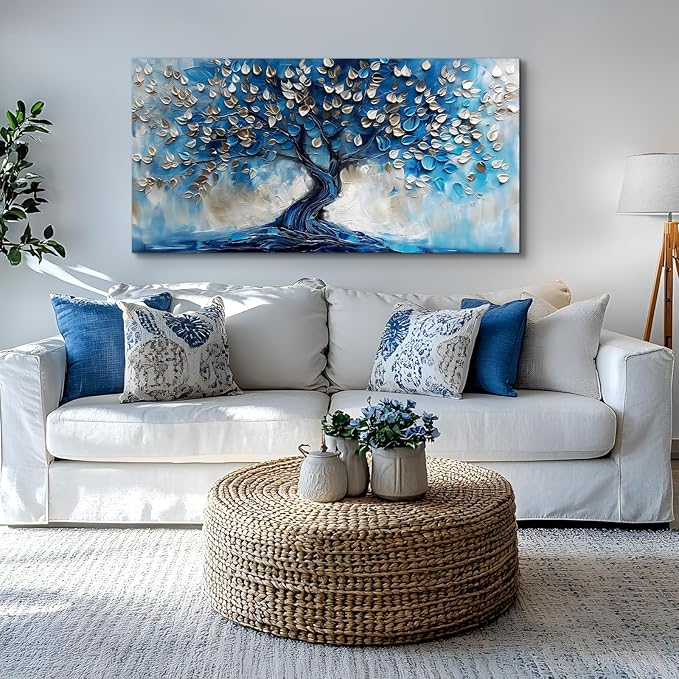 crmotu Tree of Life Large Wall Art for Living Room, Blue Tree Canvas Decor Paintings Abstract Art Prints, Neutral Navy Blue Pictures Wall Decor for Bedroom Bathroom Office Modern Home Decor 24"X48"