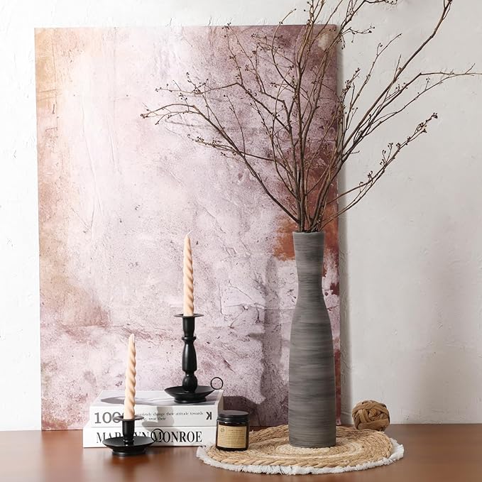 ALMA Black Skinny Tall Vase for Floor, 16'' Boho Gray Vase for Pampas Grass Dried Flower Bouquet, Decoratived Ceramic Rustic Vases for Home Decor, Living Room Floor, Mantel Decoration