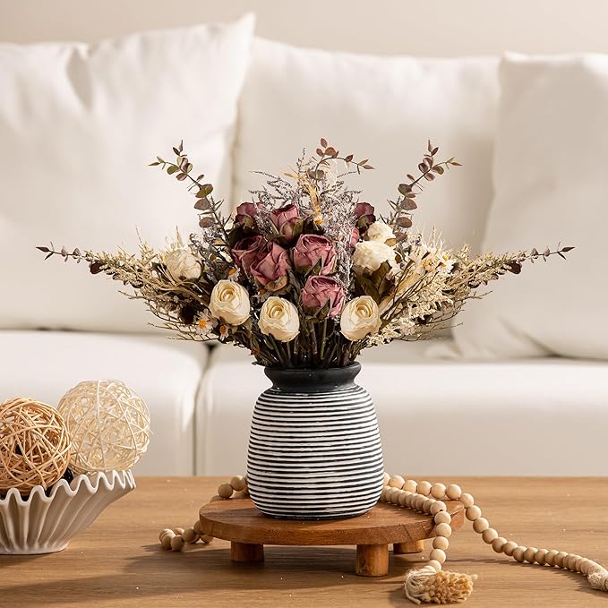 Ceramic Rustic Vase, Small Flower Farmhouse Vases Home Decor, 6“ Short Pottery Decorative Pampas Vase for Table Living Room Entryway Mantel Bookshelf Bedroom Bathroom Kitchen-Black