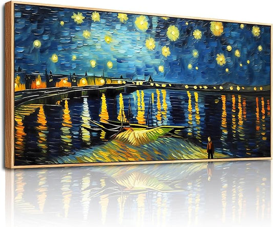 hyidecorart Large Size Canvas Wall Decor For Office Wood Framed Wall Art For Living Room Modern Bedroom Decorations Night Scene Wall Paintings Abstract Blue Vintage Pictures Artwork Home Decor