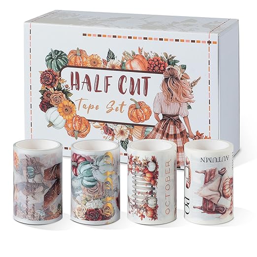 Snycler Pre-Cut Bumper Harvest Themed PET Washi Tapes - Vintage Aesthetic Tape Stickers for Journaling, Scrapbooking, Junk Journals, Crafts, Planners - 4 Rolls