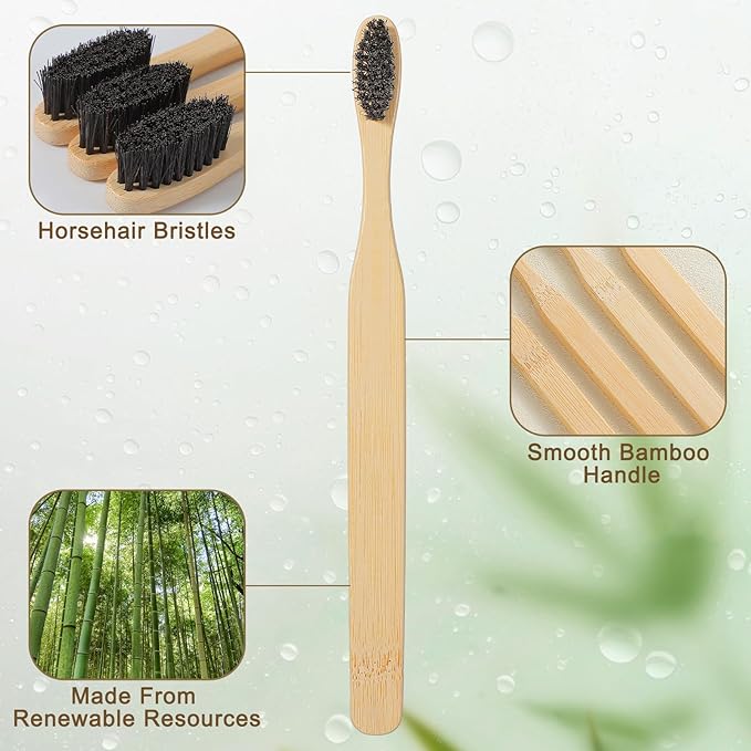6 Pcs Horse Bristle Bamboo Toothbrush Soft Natural Bristle Bamboo Toothbrush (No Nylon, Horse Hair Only) Totally Compostable Biodegradable Zero Waste Plastic Free (Horsehair,Flat)