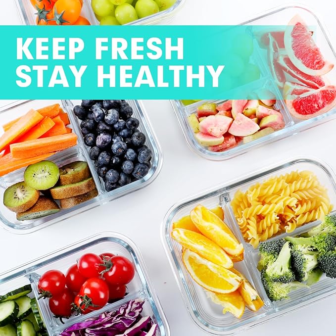 VERONES 5 Pack Glass Meal Prep Containers 3 Compartment Set, 36OZ Airtight Glass Lunch Containers, Glass Food Storage Containers with Lids, for Microwave, Oven, Freezer & Dishwasher Friendly,Green