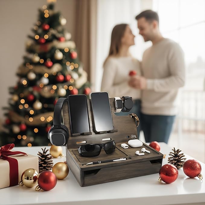 Nightstand Organizer with Drawer- Wood Phone Docking Station- Desk Organizer for Two Phones or Tablet, Watches, Headphone & Accessories- Unique Gifts for Men, Dad or Son (Rustic Gray)