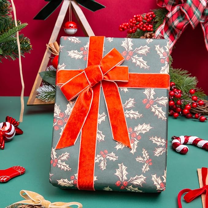 Vintage Terracotta Velvet Ribbon Christmas Ribbon for Gift Wrapping Crafts Christmas Tree Ornaments Garland Decorations, 1 Inch X 25Yd