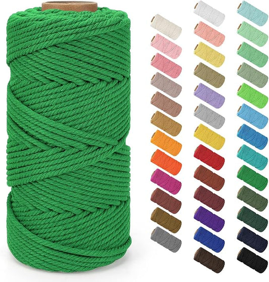 Macrame Cord 4mm x 109Yards (328Feet), Natural Cotton Macrame Rope - 4 Strands Twisted Macrame Cotton Cord for Wall Hanging, Plant Hangers, Crafts, Gift Wrapping and Wedding Decorations, Forest Green